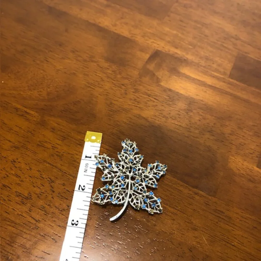 Silver Tone Blue Rhinestone Oversized Leaf Brooch Pin